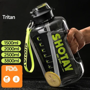 2-литровата бутилка за вода с соломинкой Големи преносими пътни бутилки за тренировки, чаша за фитнес с мащаба на времето, безплатен FDA