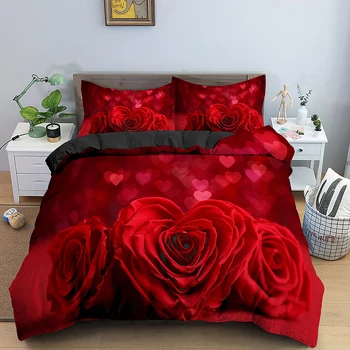Сватбен комплект спално бельо за Свети Валентин, 2/3 предмет, луксозни пухени във формата на сърце с рози, пухени от микрофибър с 3D принтом червена роза