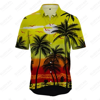 Лятна мъжка риза с къс ръкав, жилетка копчета, отгоре с 3D принтом, кратък топ големи размери, плажен обиколка на Гавайям, Кокосова палма, новост 2023 година