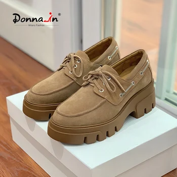 Donna-in/ лоферы; дамски обувки на плоска подметка от естествена кожа на масивна платформа; колекция 2023 г.; Пролетно ежедневни обувки Ladise от волска кожа, велур на дебелите ток със шнур;