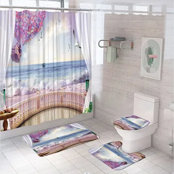 Плажни океанските вълни, комплекти завеса за душ, тропическо море, балкон, декорации с балон, завеси за баня, килимчета за баня, капак на тоалетната чиния