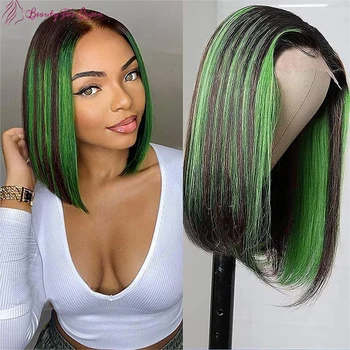 13x4 Прозрачни дантелени предни перуки от естествена коса зелен цвят, перука от естествена коса на дантели, директен перука-боб за жени, предварително выщипанный