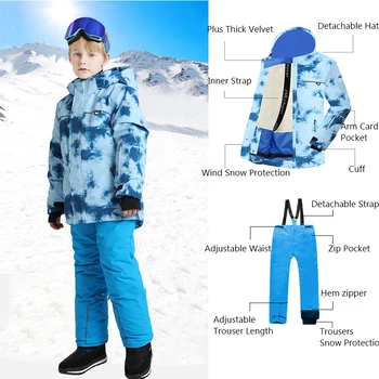 Зимни дрехи, нови детски ски екипировки, якета за момчета, якета и сноуборд панталони, топъл, мек вълнен плат детски ски комплект, ветрозащитный водоустойчив