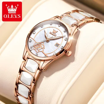 OLEVS 3606 Модни вносни дамски часовници с машинното сърцевина, водоустойчив керамичен каишка, Японски кварцов мъжки часовник с светящимся календар