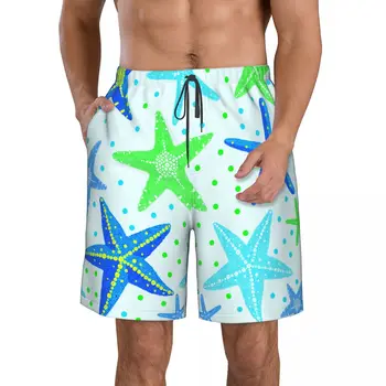 Мъжки шорти за плуване, летни бански, мъжки бански, плажни шорти, дъска за сърф, мъжки дрехи, панталони, морска звезда в полка точки