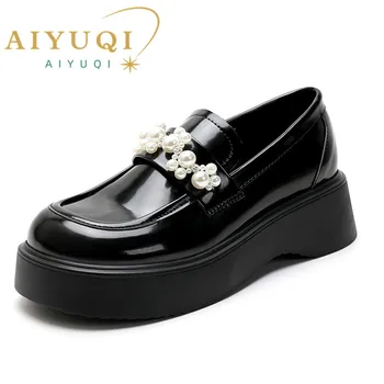 Дамски лоферы AIYUQI; сезон пролет 2023; новост; дамски обувки без обков с кръгла пръсти в британския стил; дамски обувки на платформа с перли в ретро стил