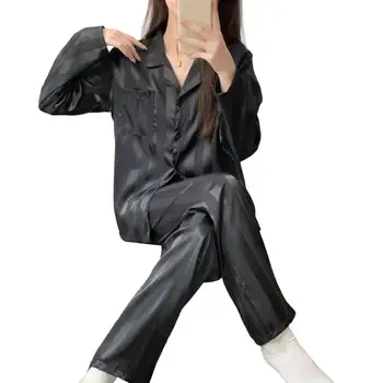 2 бр./компл., жена пижамный комплект с дълъг ръкав, копчета, прави широки панталони, копринени елегантен топ, панталони, дрехи за почивка, дамски летни комплекти