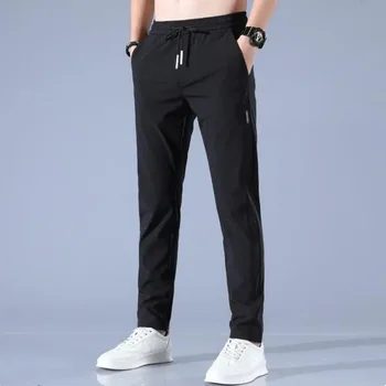 Летни мъжки ежедневни панталони, тънки, меки, еластични, дантела, на кръста, обикновена, с аппликацией във формата на джоб, корейски сиво-черни работни панталони, мъжки