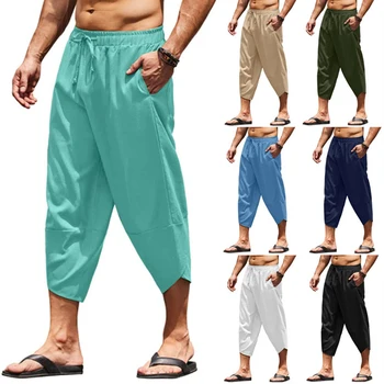 Летни мъжки панталони от китайския памук и лен 2023, мъжка проститутка, облекло, дишащи плажни панталони, мъжки ежедневни панталони от телешка кожа