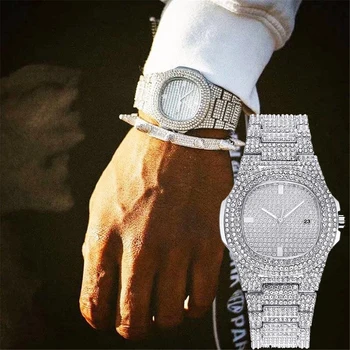 Мъжки часовник в стил хип-хоп, луксозни модни ръчен часовник, марка унисекс, часовници с кристали, календар, подарък за дама, най-добрите кварцов дамски часовник