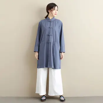 Китайските традиционни женски ризи за кунг-фу бойни изкуства, тай-чи от памук и лен, блузи с дълъг ръкав, ежедневни риза за медитация ушу