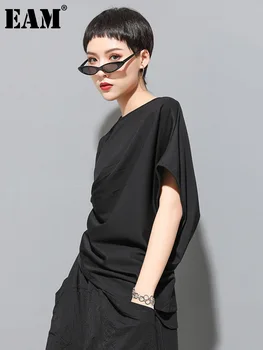 [ИАЛ] Женска Черна Асиметрична плиссированная тениска Голям размер, Нова тениска с кръгло деколте и ръкав 