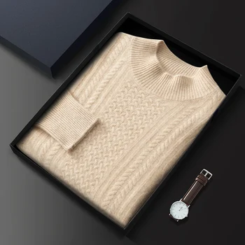 Пуловер от 100% Чист Козе Кашмир, Мъжки Свободна Жаккардовая Пуловери С високо Воротом, Есенно-Зимни Младежки Трикотажни Ризи от Висок Клас, Топ