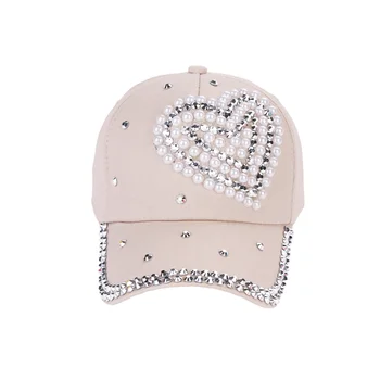 Модни регулируема шапка във формата на сърце, изпъстрени с кристали, бейзболна шапка Four Seasons с перлено-персиковым сърце за жени