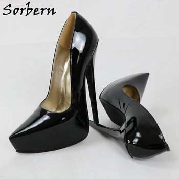 Sorbern, чубрица черни лачени дамски обувки-лодки 18 см, женски обувки на платформа без закопчалка, остър стелката 20 cm, екстремно висок ток на платформа