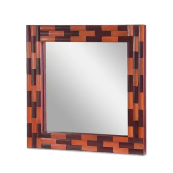 Квадратно стенно огледало ръчно изработени от кожа Хортензия, античен оранжево и кафяво