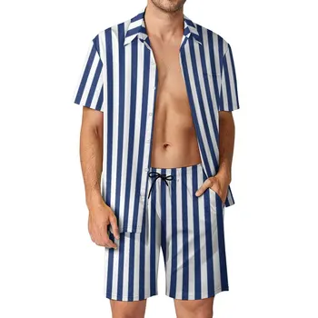 Класически мъжки комплекти на ивици, ретро комплект ежедневни ризи с принтом тъмно сини линии, панталони с къси ръкави, костюм за лятната ваканция, по-големи размери 2XL 3XL