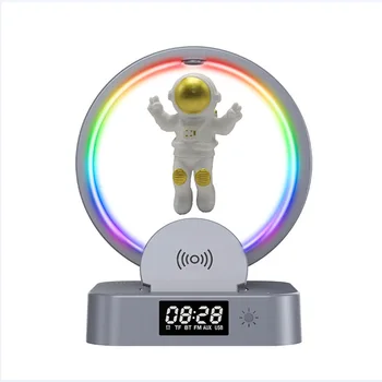Летящ астронавт Bluetooth високоговорител Поддържа безжична зареждане с възпроизвеждане FM/Time/ TF карта и задно RGB в атмосферата Поставка за телефон
