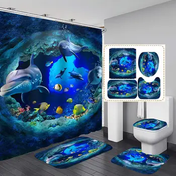 Дълбок океан Делфин 3D печат Водоустойчив плат завеси за душ комплект баня завеси за капак на тоалетната чиния мат нескользящий килим начало декор