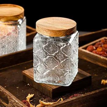 INS Ретро запечатанная стъклена банка Бутилка за съхранение на Стъклен кухненски контейнер за съхранение на хранителни продукти на Банката за съхранение на зърнени закуски с дървен капак Банки-зидари