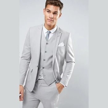 Най-новите модели палта и панталони в светло сиво мъжки костюми, сватбени костюми, оборудвана тесен яке, костюм по поръчка, смокинг за младоженеца-3 предмет, Masculino