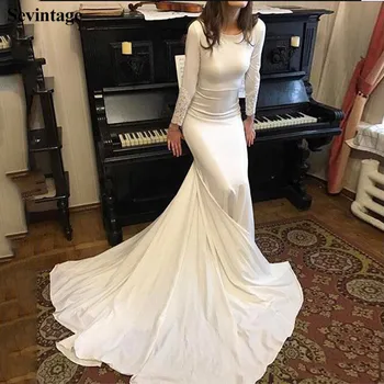 Сватбени рокли с дълги ръкави в стил Русалка бохо, апликации, дантела и сатен за сватбени рокли, копчета, големи размери, принцеса рокля на булката