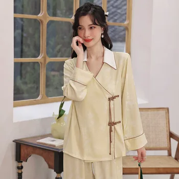 Бутони за ръчна работа в китайски стил, жаккардовая сатен риза с дълъг ръкав, панталони, свободна мека облекло за сън, дамски пижами, домашно облекло