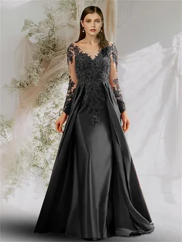 Секси рокля трапецовидна форма с цветя модел, вечерна рокля за мама, дълъг ръкав, широка панделка, сатен апликация 2023, темперамент, без облегалка
