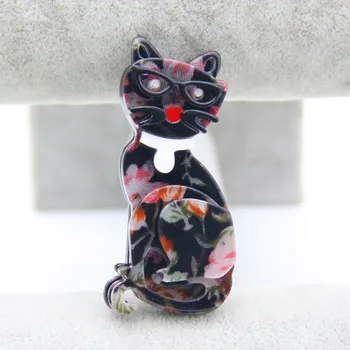 Акрилна брошка във формата на котка с цвете за ръчна работа, безопасни игли, брошки във формата на котка от смола, женски брошки във формата на животно, аксесоари за яката на ризата, мода декорация, подарък