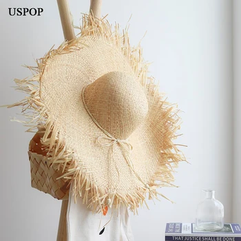 USPOP, Нови летни шапки, дамски слънчеви шапки от лико, модни сламени шапки с груби ръбове, плажни шапки с широка периферия и лък
