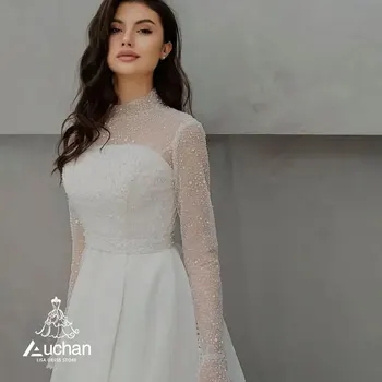 Auchan Lisa Бяла вечерна рокля за абитуриентски бал с високо воротом, дължина до пода, дълъг ръкав, летни елегантни сватбени рокли за парти за жени 2023