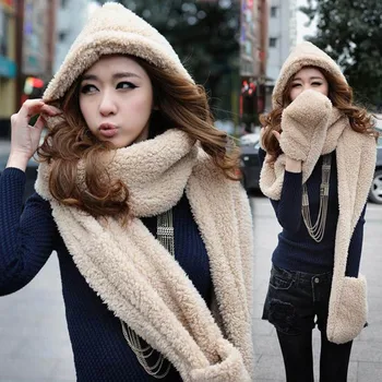 3 в 1, женски есенно-зимния топло плюшено шал с качулка, снуд, сгъстено нови модни удобни и сладки шапки, ръкавици