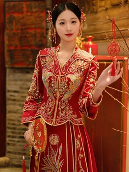 Жена сватбена рокля с кристали и бродерии на Финикс в китайски стил, сватбен костюм за младоженеца, дрехи за тостер