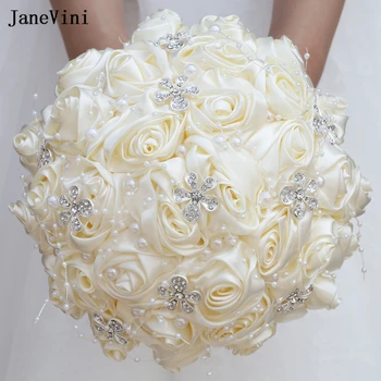 JaneVini в присъствието на цветя от панделки с цвят на слонова кост, букети цветя на булката, перли, изкуствени сатенени рози, корейски сватбен фалшив букет Ramo De Новия