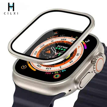 Подходящ за Apple Watch 8 Ultra 49 мм метална рамка/фолио от закалено стъкло Apple Watch универсално защитно фолио