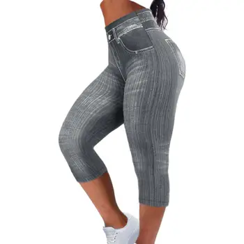 Дамски скъсяване на панталони стрейчевые за фитнес с външни джобове, дънки от имитация на деним с висока талия и подтяжкой отзад, меки ежедневни тънки панталони-молив