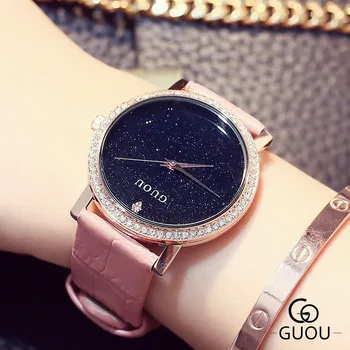 Моден дамски кварцов часовник марка GUOU, дамски часовник, кожена каишка, луксозни дамски кристални часове на Rosi Кол Saati