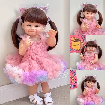 55 см кукла Raya Reborn за деца в розова рокля за цялото тяло, мека силиконова монтаж, реалистични меки на допир висококачествени подаръци за кукли