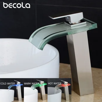 BECOLA Стъклен матиран никел, led батерия за мивка, месингови смесители за баня, смесители за водопада, смесители за мивка, led кран за мивка