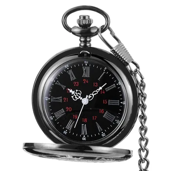 Ретро гладка мъжки черни джобни часовници, сребро с полиран кварц джобни часовници-ключодържател, окачване с веригата Relojes De Bolsillo