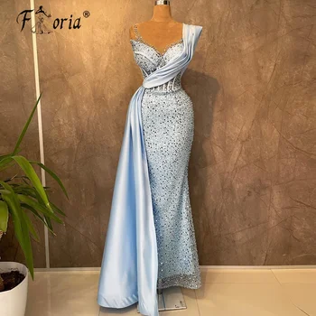 Елегантно светло синьо арабското рокля за официални случаи с частичен морски влак, расшитое мъниста, без ръкави, с пайети, вечерна рокля Largo Femme Robe