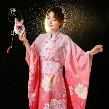 Дамско официално японското кимоно юката с щампи на Оби Сакура, традиционна снимка на гейша, сценично шоу, cosplay, халат Храст