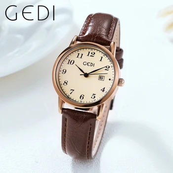 Дамски кварцов часовник GEDI с кожена каишка в ретро стил, класическа ретро календар, водоустойчиви дамски часовници, бизнес рокля, дамски ръчни часовници