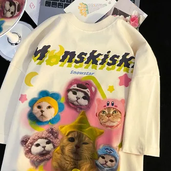 Универсална тениска с кръгло деколте и принтом котка в стил колеж, тениска с къс ръкав за жени, годишният универсален случайни топ свободно за намаляване на двойки
