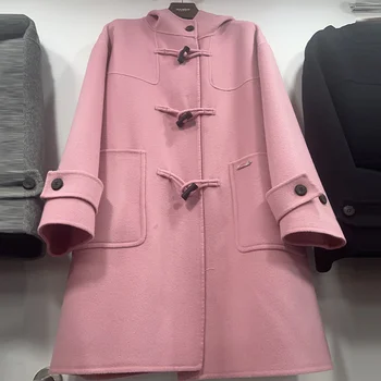2023 Двустранно кашемировое палто с качулка и копчета под формата на кравешки рог, дамско зимно палто със средна дължина, ново корейското издание, вълна палто намален възраст