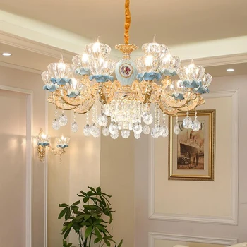 Луксозен кристален полилей за хол, класически стъклени полилеи, осветителни тела, златна лампа, led кристална лампа, таван