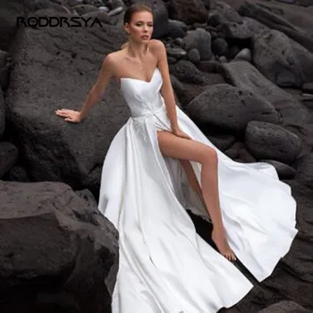 RODDRSYA плажни сатен сватбени рокли 2021, сексуална бродерия с нарязани във формата на сърце, прости сватбени рокли в стил бохо за младоженци, елегантни сватбени и вечерни рокли
