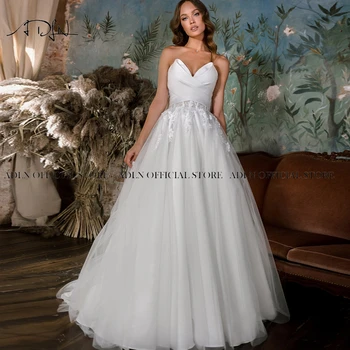 ADLN Сватбена рокля Трапецовидна форма с лък Vestido de Новия за Сватбена Рокля С Влак от Тюл във формата на Сърце, Сватбената Рокля Голям Размер