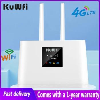 4G рутер KuWFi 300 Mbps Безжичен Wifi рутер със слот за SIM-карти и порт за RJ-45, двойни външни антени, поддръжка на 10 потребители на Wi-Fi за дома
