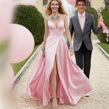 Елегантни дълги розови вечерни рокли 2022, женски сексуални сатен рокля с висока цепка и V-образно деколте, празнична рокля, дрехи на известни личности, вечерен халат